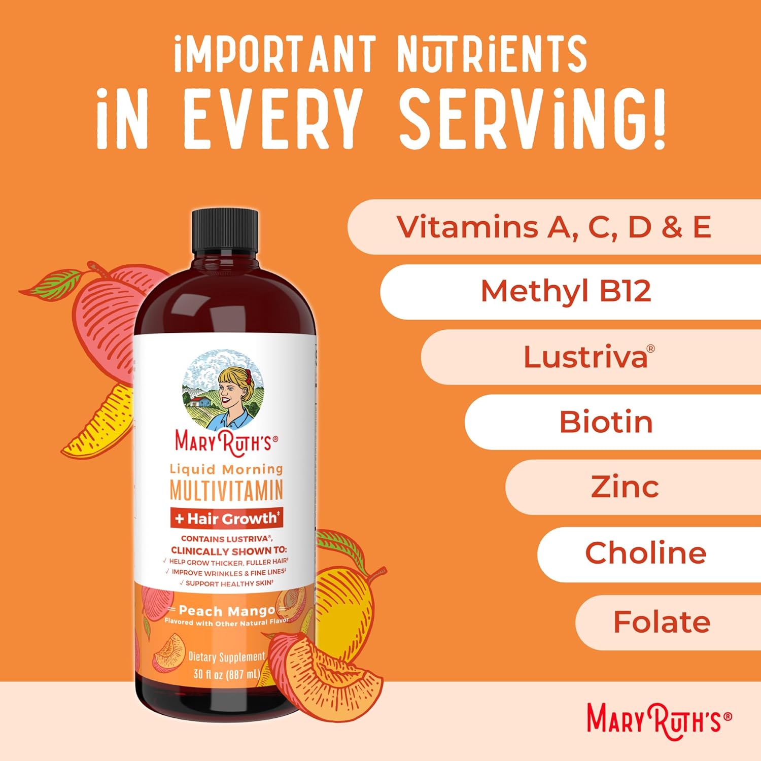 Mary Ruths Liquid Morning Multivitamin + Hair Gowth Peach Mango 887 Ml