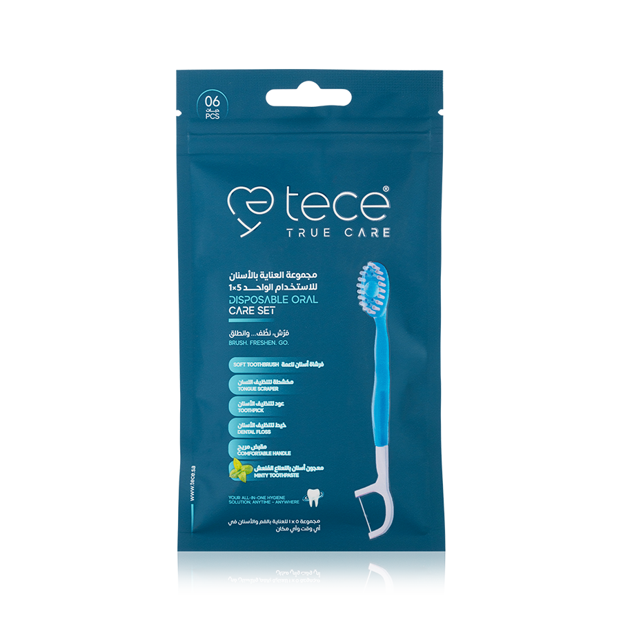 فرشاة أسنان Tece للاستخدام مرة واحدة مع عود أسنان وخيط تنظيف الأسنان 5 في 1، عبوة من 6 قطع