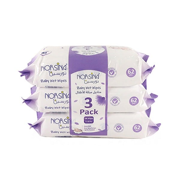 Norsina Norsina Baby Wipes Purple 3 x 62 Wipes