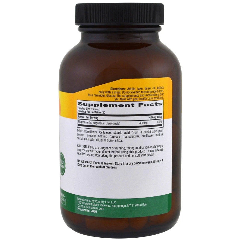 Country Life Chelated Magnesium Glycinate 400 mg - 90 Tablets