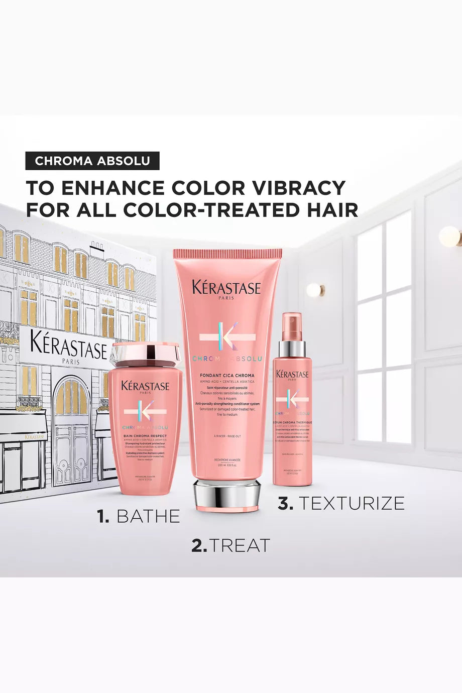 Kérastase Chroma Absolu Hair Care Routine for Color-Treated Hair - Shampoo 250ml, Conditioner 200ml & Leave-In 150ml