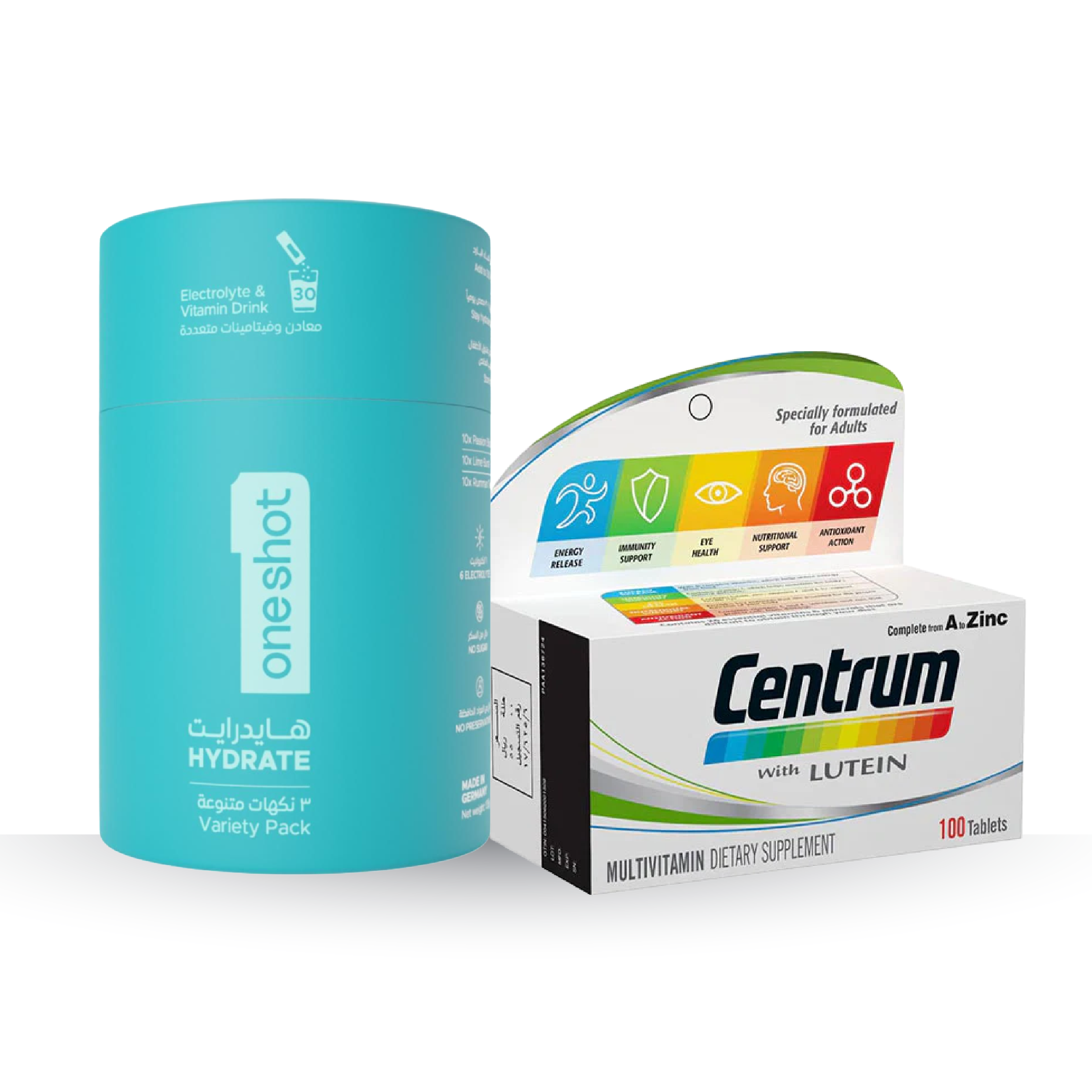 Oneshot Hydrate & Stay Active Bundle (Variety Pack, 30 Sticks) + Centrum Multivitamin with Lutein (100 Tablets) | Hajj Hydration & Energy Support Bundle