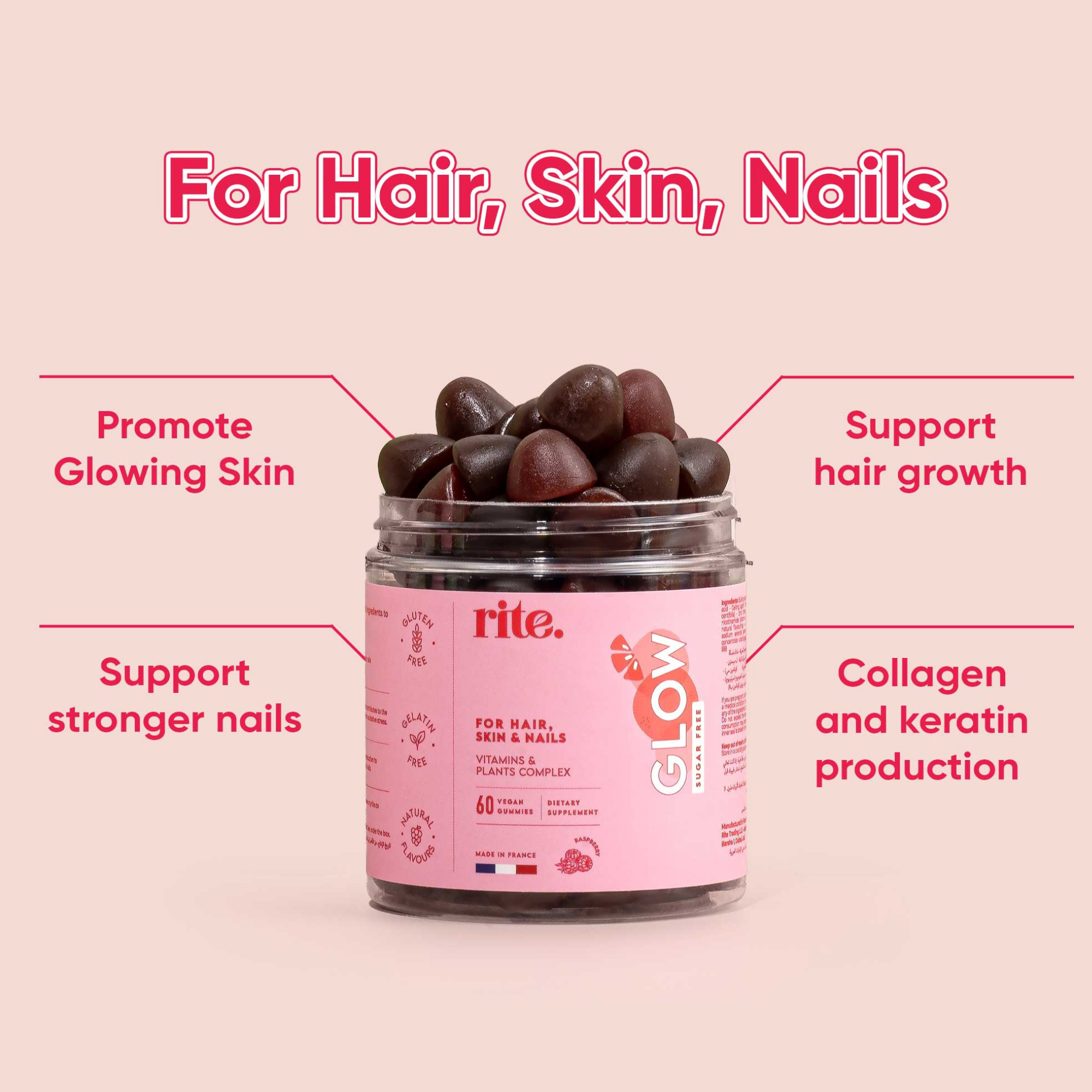 Rite Glow Hair skin and nails Support Vegan Gummies 60 Gummies