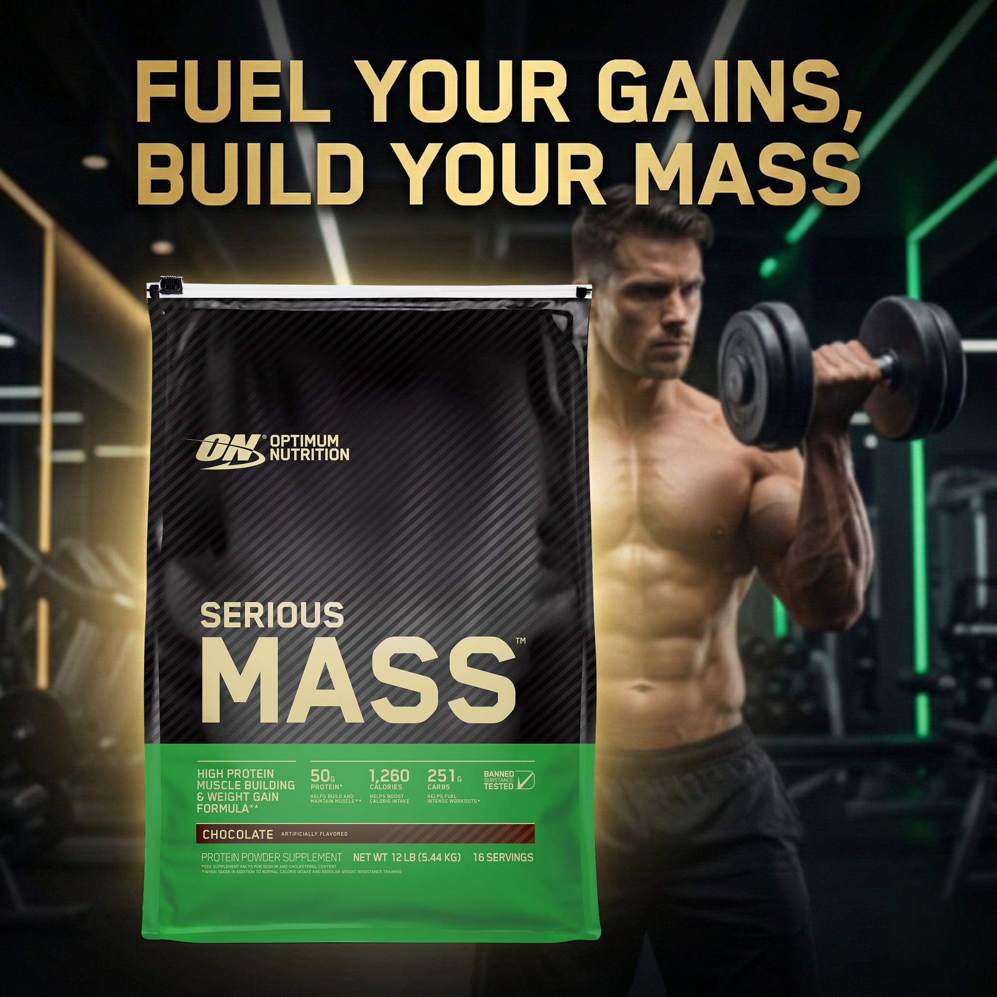 مسحوق بروتين أوبتيموم نيوتريشن سيريس ماس لزيادة الوزن 12 رطل (فانيليا)