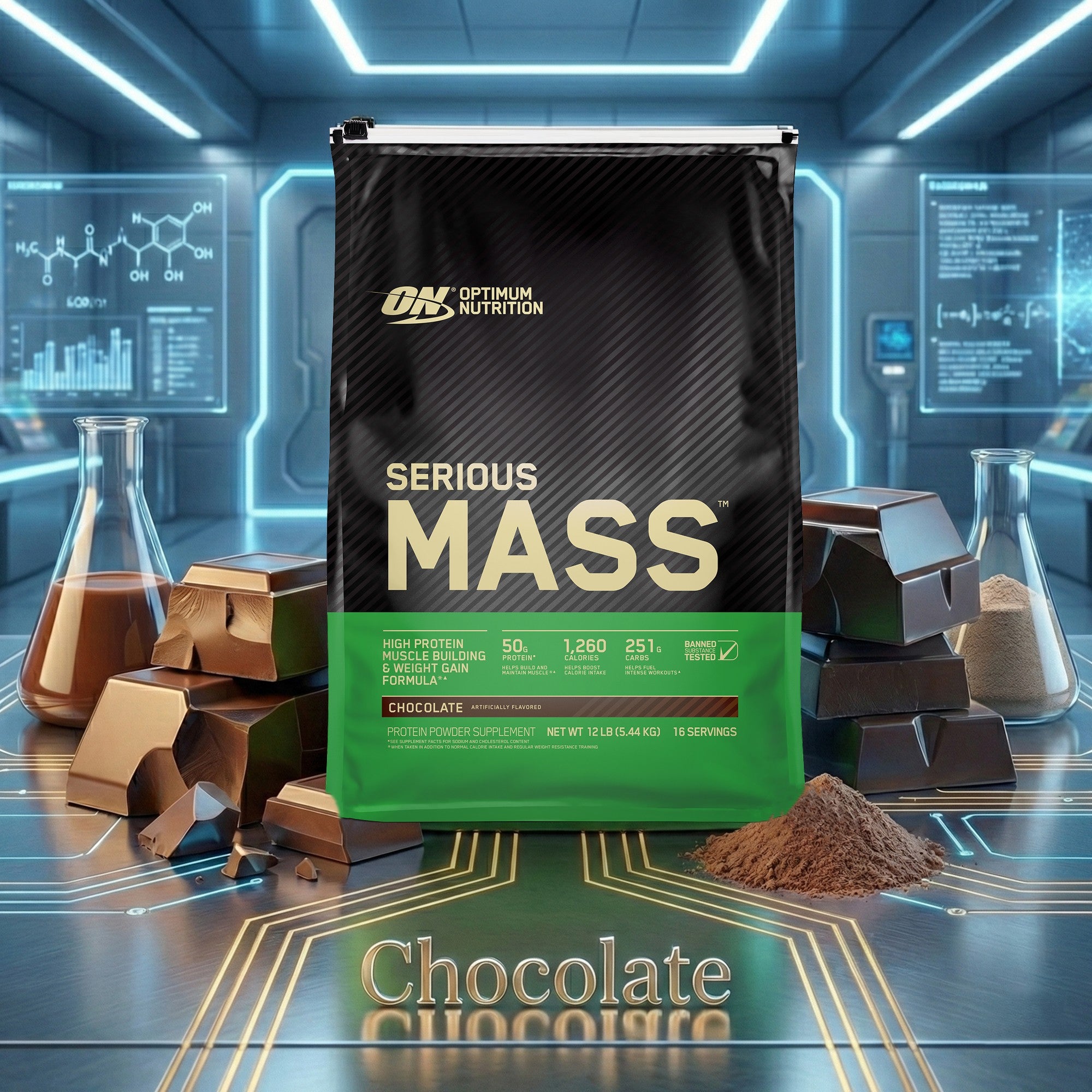 مسحوق بروتين أوبتيموم نيوتريشن سيريس ماس لزيادة الوزن 12 رطل (فانيليا)