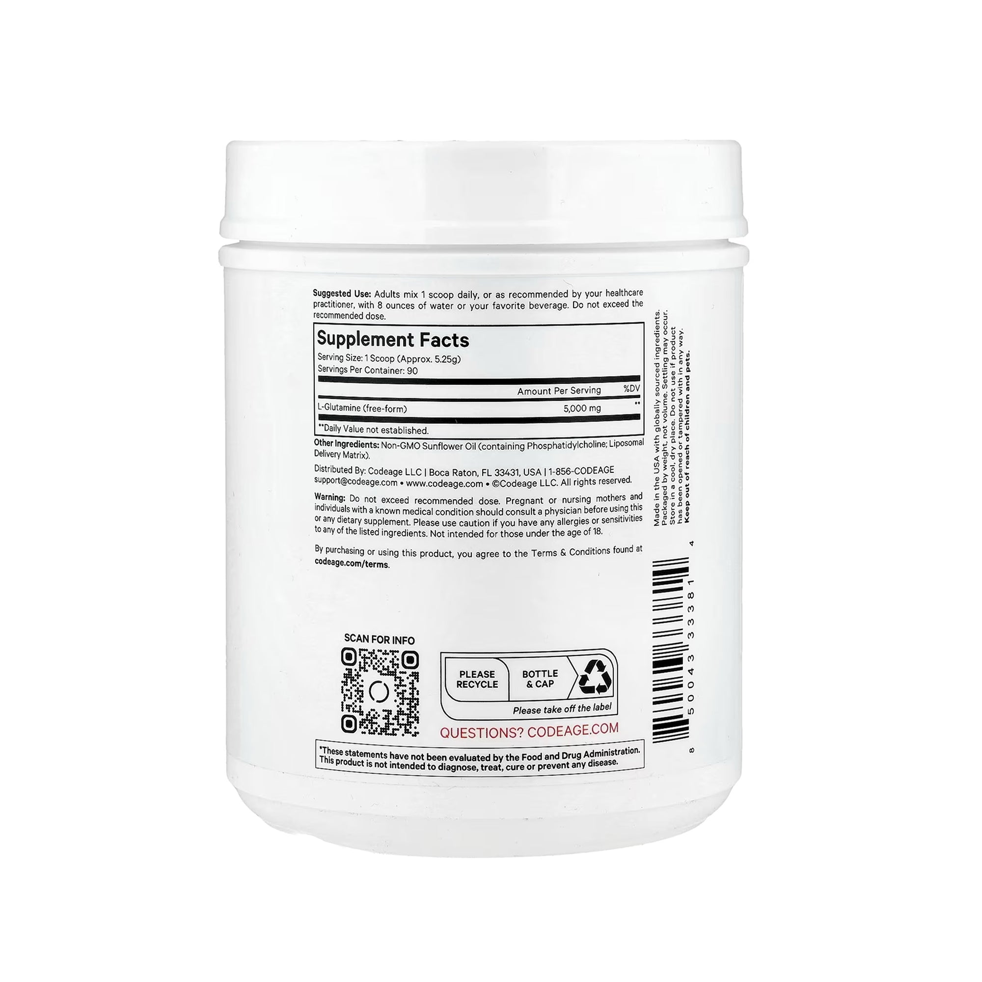 Codeage مسحوق L-Glutamine+ الليبوسومي بدون نكهة - 16.67 أونصة (472.5 غرام)