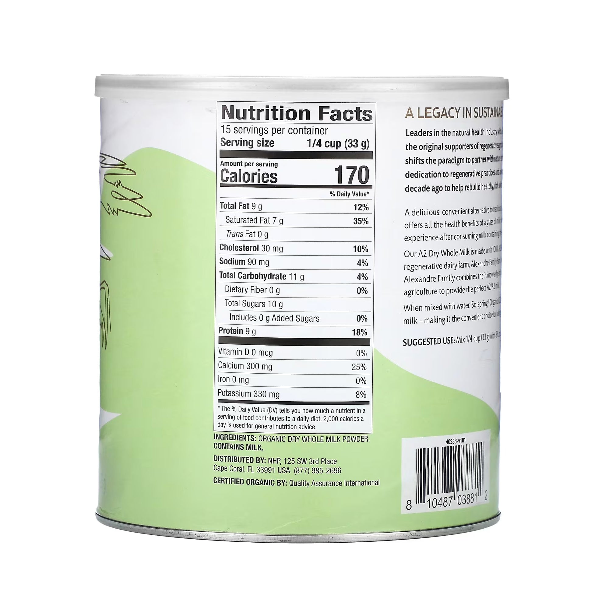 Dr. Mercola Solspring Organic A2 Dry Whole Milk - 17.4 oz (495 g)