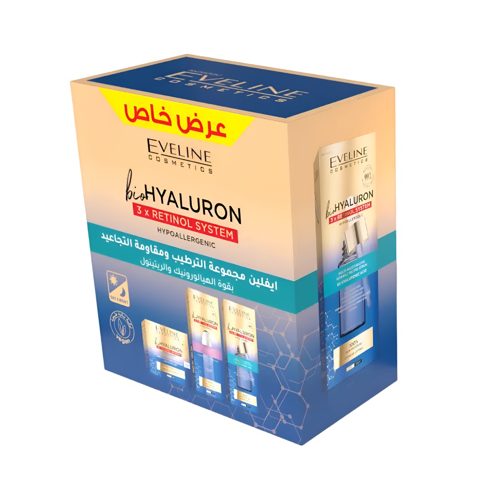 Eveline Skin Care Set For Hydration And Wrinkle Removal With Hyaluronic Acid And Retinol (Serum 18 ml + Cream 50 ml + Eye Roll-On 15 ml)