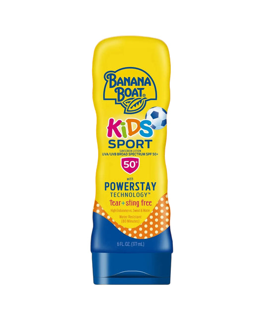 Banana Boat Kids Sport sunscreen bottle on an orange background