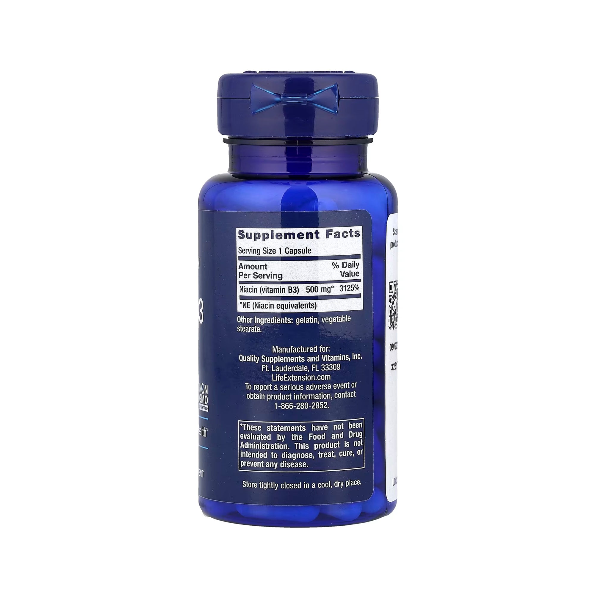 Life Extension Vitamin B3 Niacin 500 mg - 100 Capsules