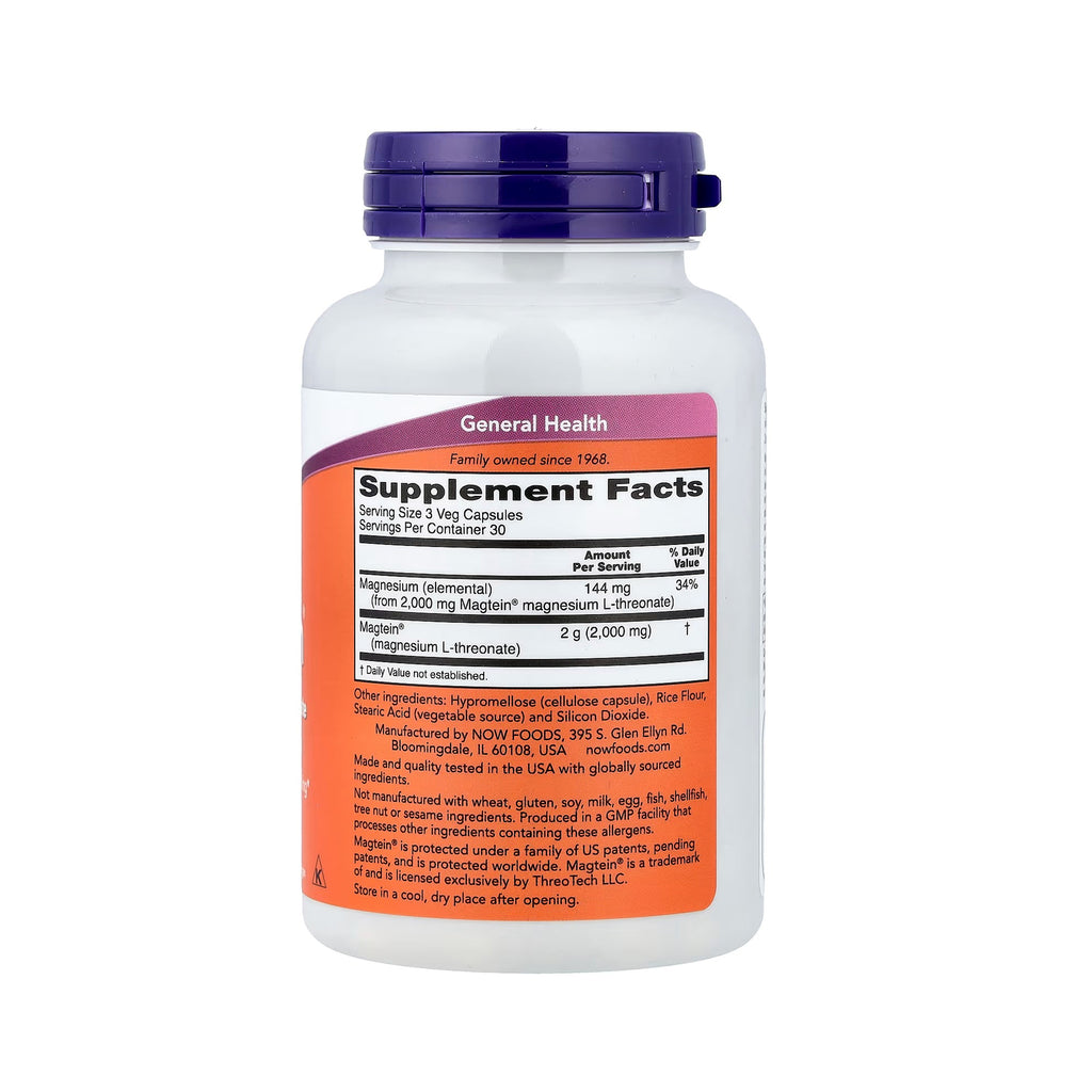 NOW Foods Magtein مغنيسيوم L-Threonate - 90 كبسولة نباتية