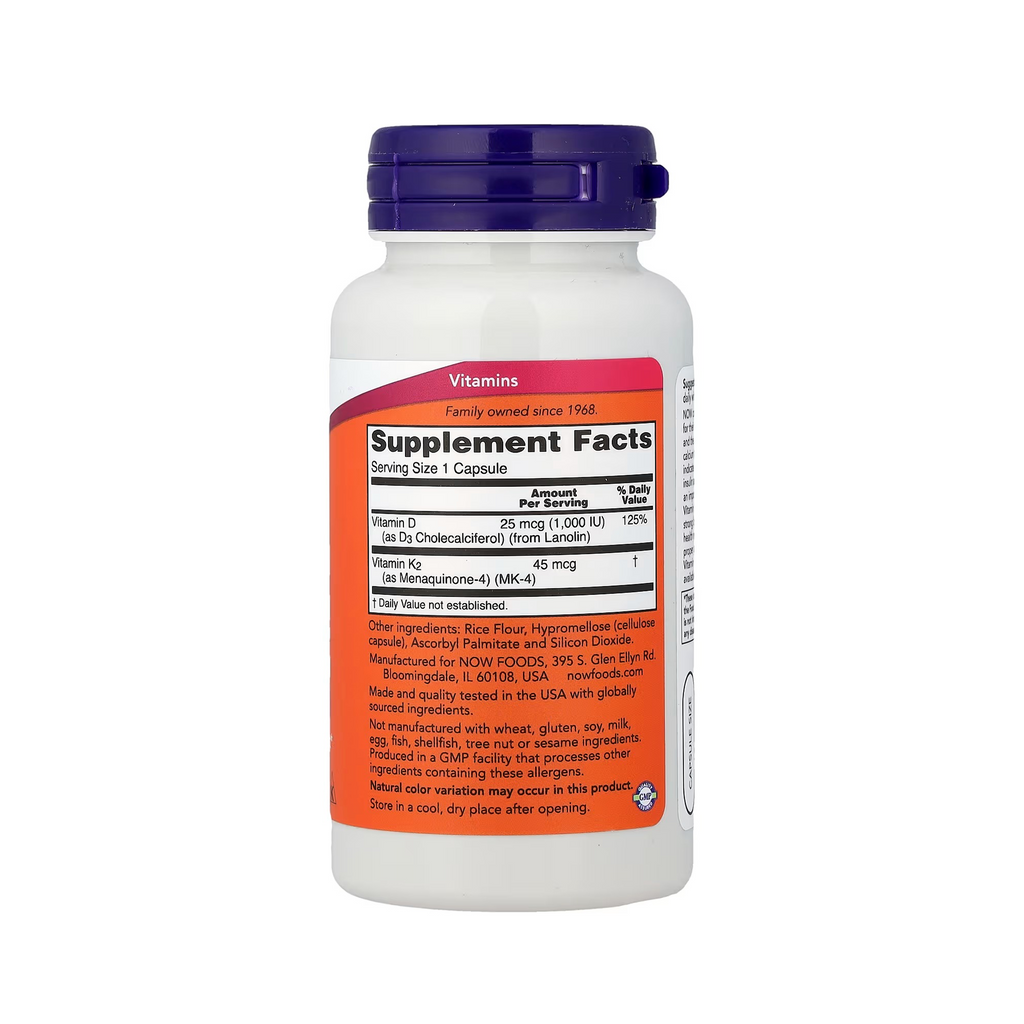 NOW Foods فيتامين D-3 وK-2 1000 وحدة دولية / 45 ميكروغرام - 120 كبسولة نباتية