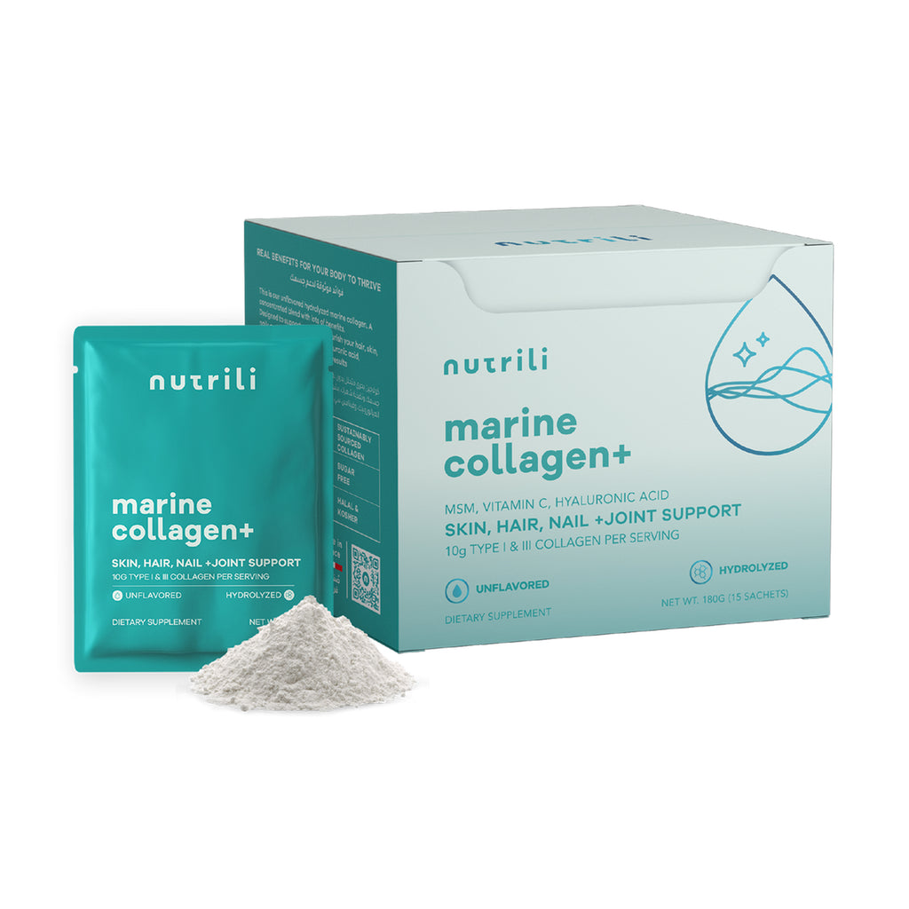 Nutrili  نيوتريلي مارين كولاجين+ مع MSM وحمض الهيالورونيك وفيتامين C لدعم صحة البشرة والمفاصل والشعر والأمعاء والعظام (15 ظرف)