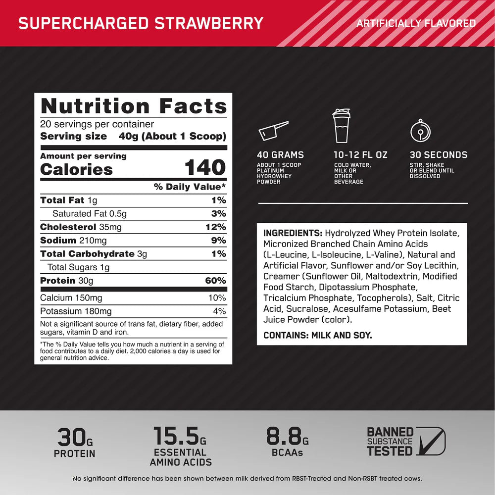 Nutrition facts label for a supercharged strawberry flavored protein product on a black background.