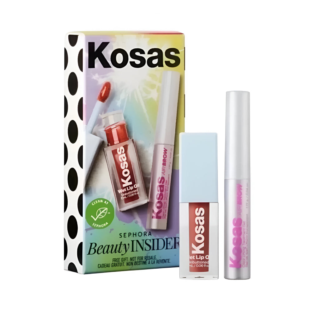 مجموعة مكياج Kosas 2 قطعة ملمع شفاه ومسكارا شفافة للحواجب