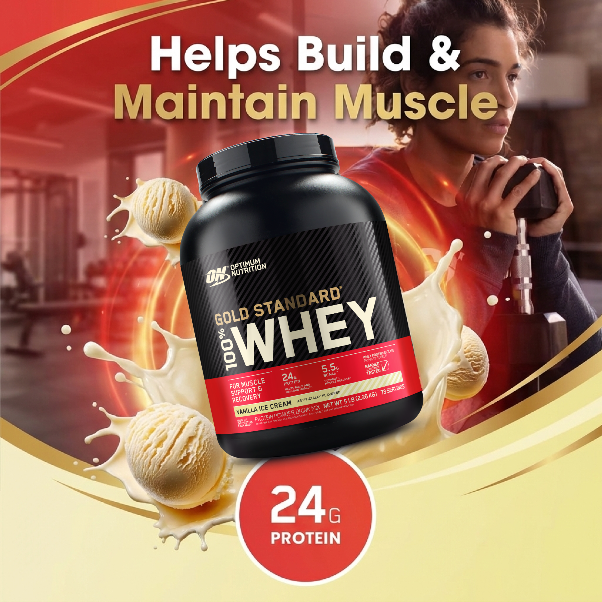 بروتين مصل اللبن الذهبي من أوبتيموم نيوتريشن، 5 أرطال (بنكهة آيس كريم الفانيليا)