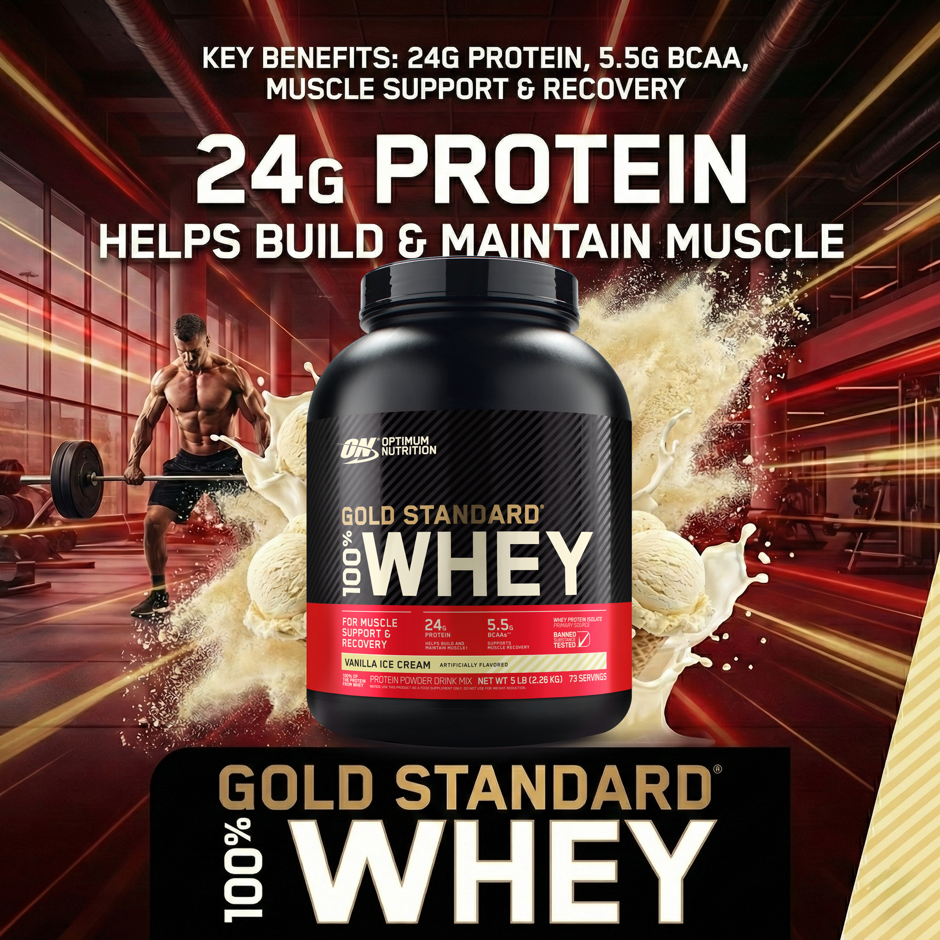 بروتين مصل اللبن الذهبي من أوبتيموم نيوتريشن، 5 أرطال (بنكهة آيس كريم الفانيليا)