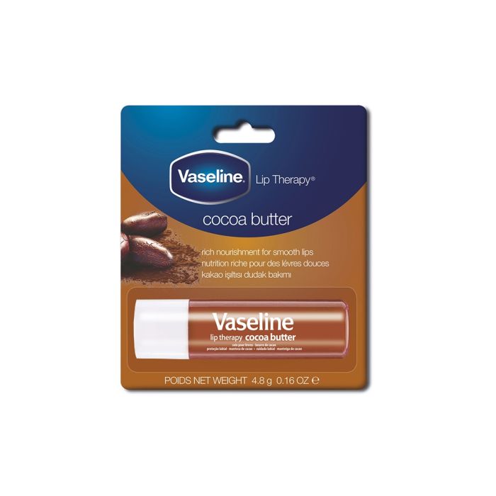 Vaseline Lip Therapy cocoa butter lip balm packaging on a white background
