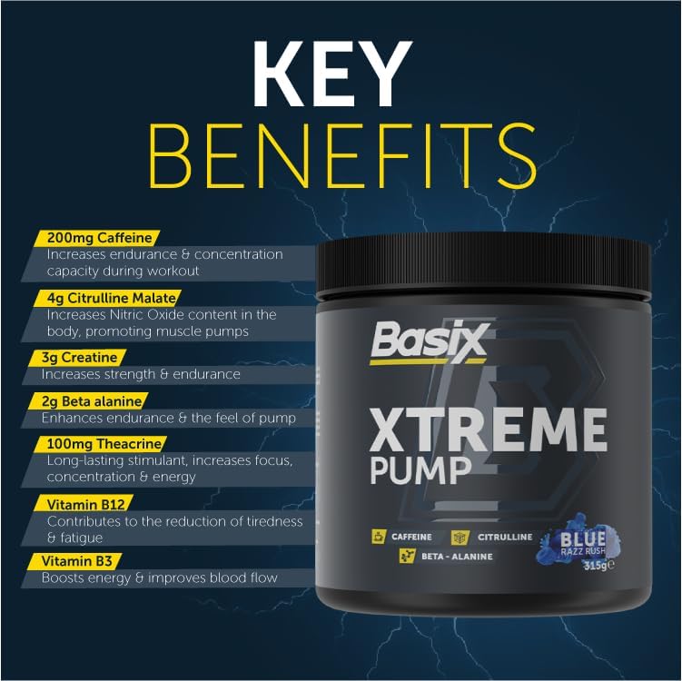 Basix Xtreme Pump Pre-Workout Supplement - Blue Razz Rush 330g