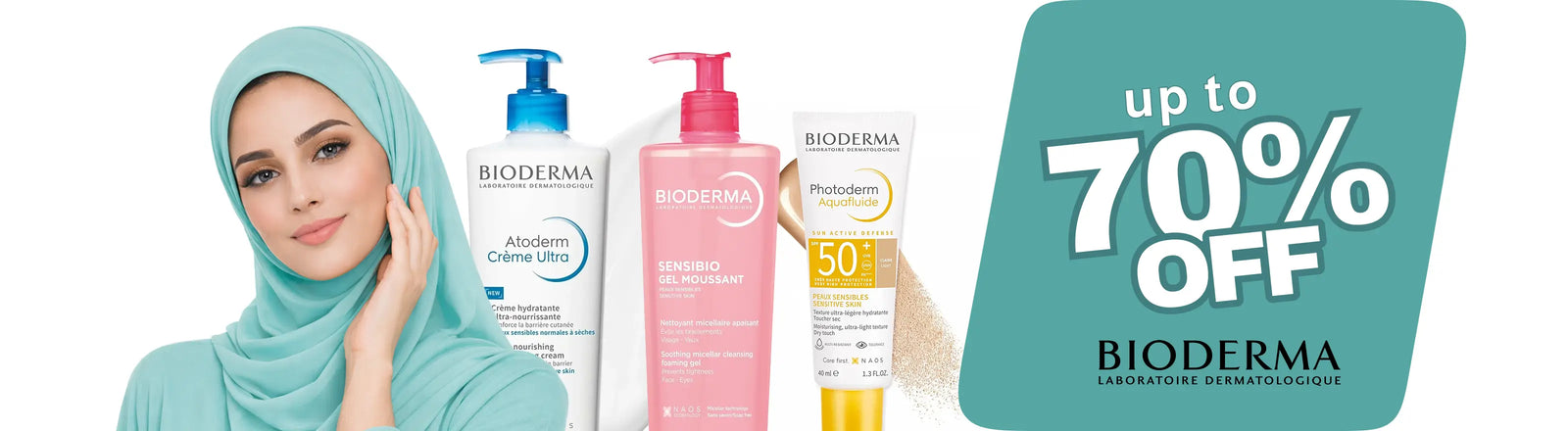 Bioderma skincare products with a promotional banner indicating a discount on Bioderma.