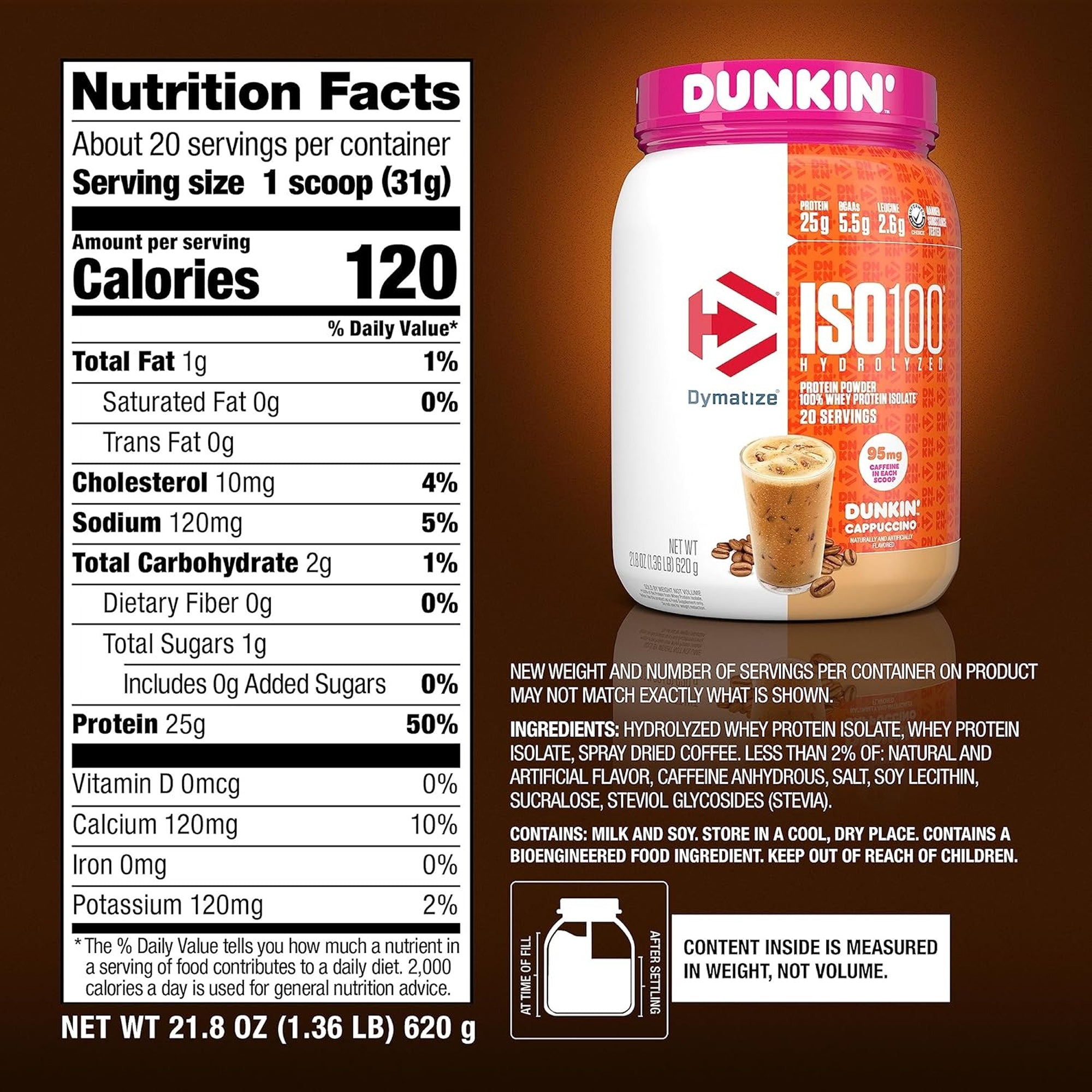 Dymatize ISO 100 Whey Protein Powder – Dunkin Cappuccino 620g (20 Servings)