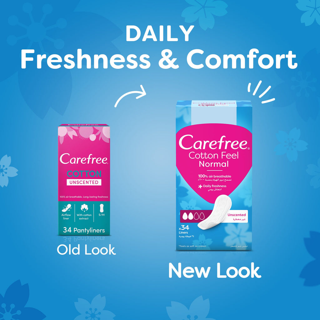 فوط صحية عادية Carefree – ملمس قطني للعناية اليومية بالنظافة النسائية، 34 قطعة