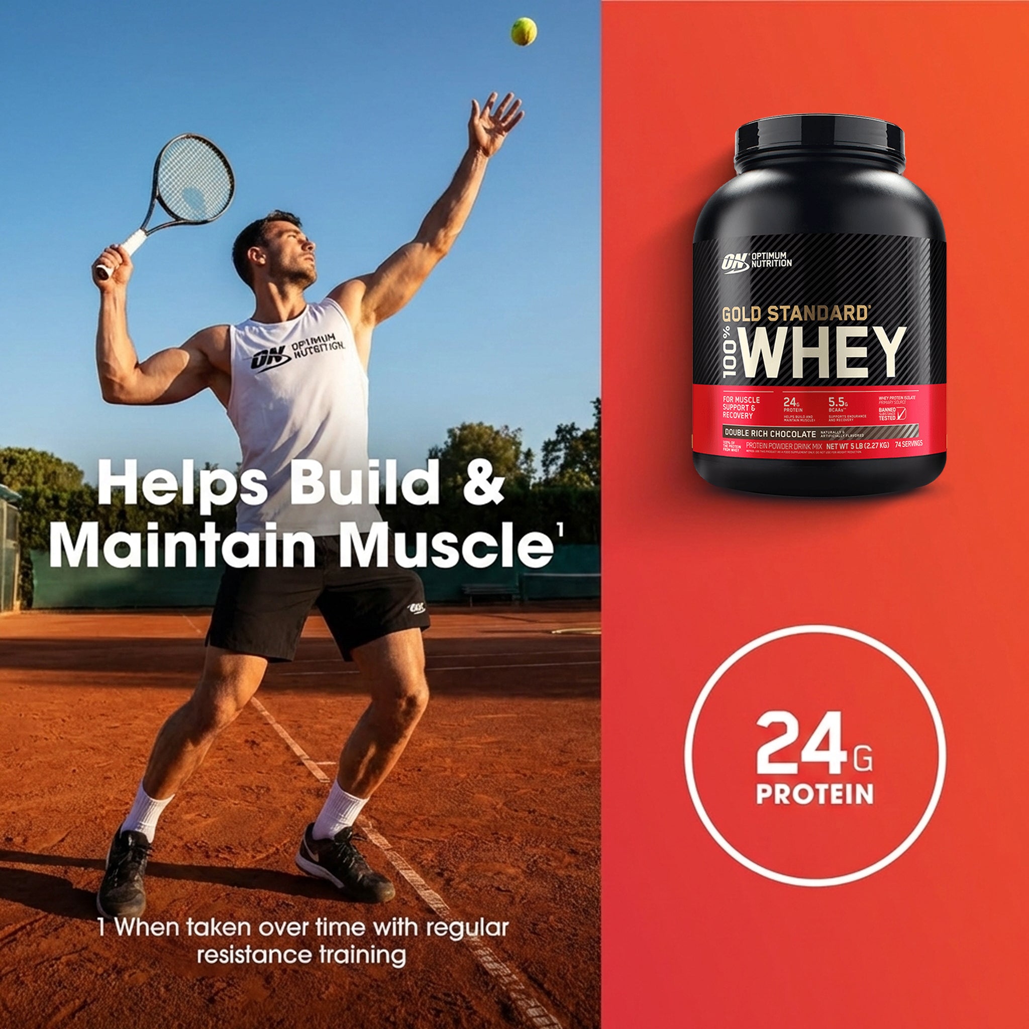 Optimum Nutrition Gold Standard 100% Whey Protein Powder - 24g Protein - Double Chocolate 5 LB(S) - 74 servings