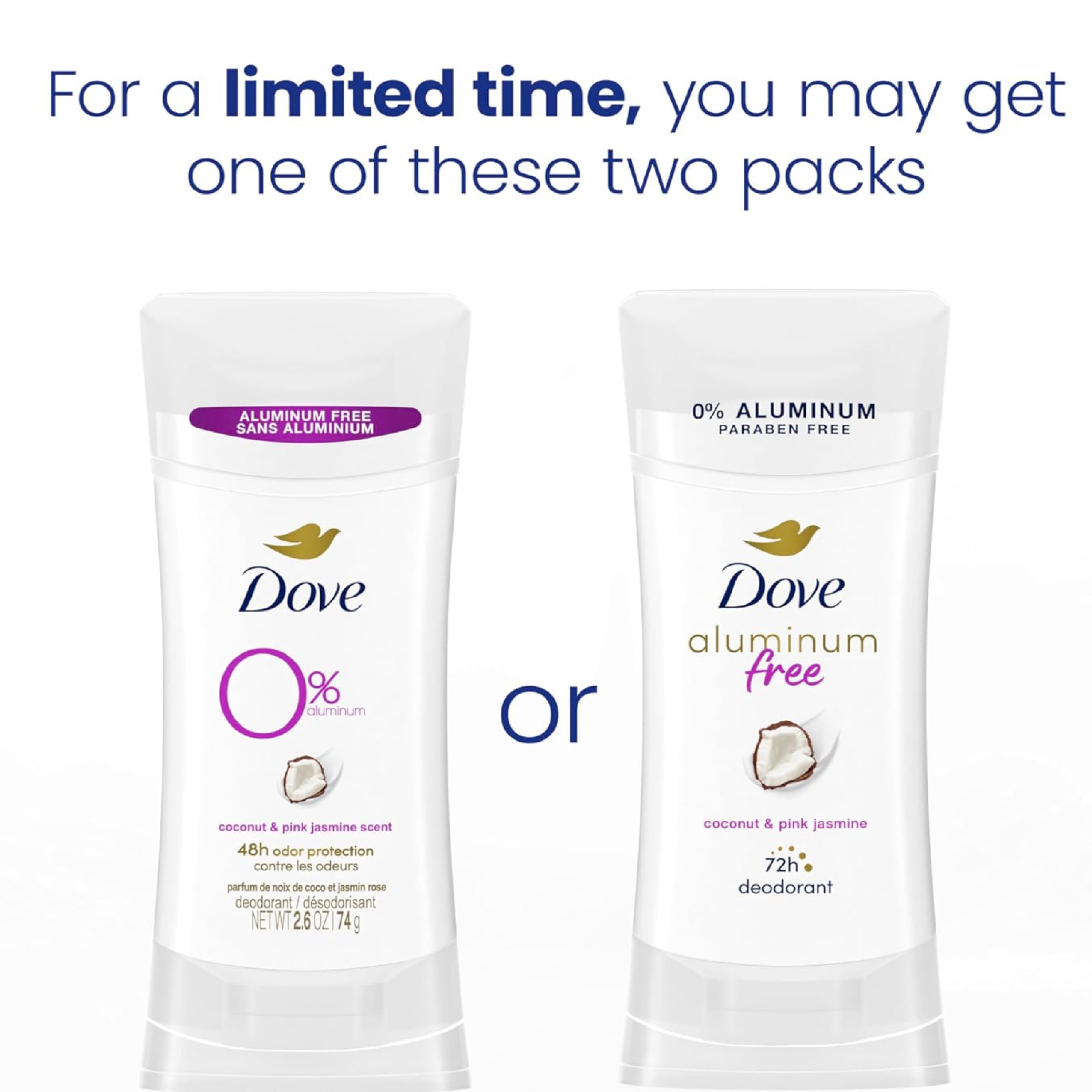 Dove Aluminum-Free Deodorant Stick – Coconut & Pink Jasmine (74g)