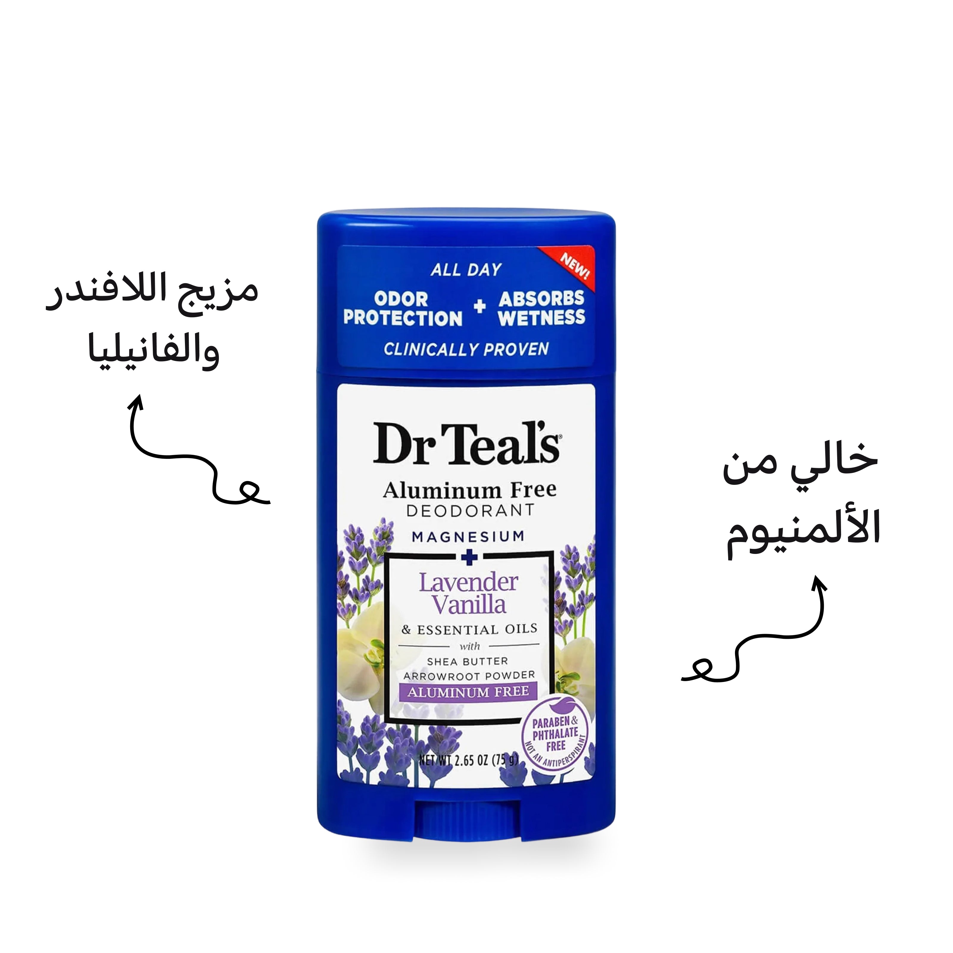 Dr Teal's aluminum-free deodorant stick with lavender vanilla flavor on a white background
