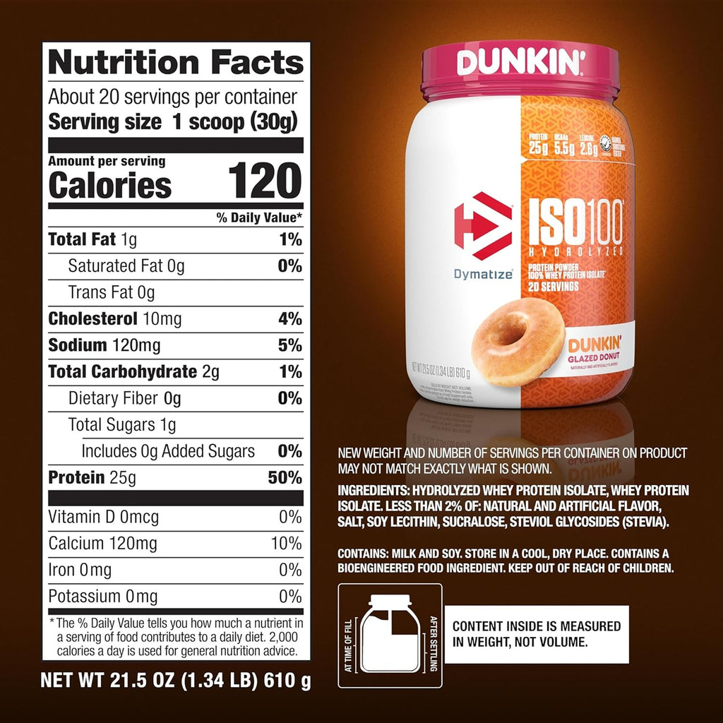 Dymatize ISO 100 Whey Protein Isolate - دونات مزججة من Dunkin - 610 جم