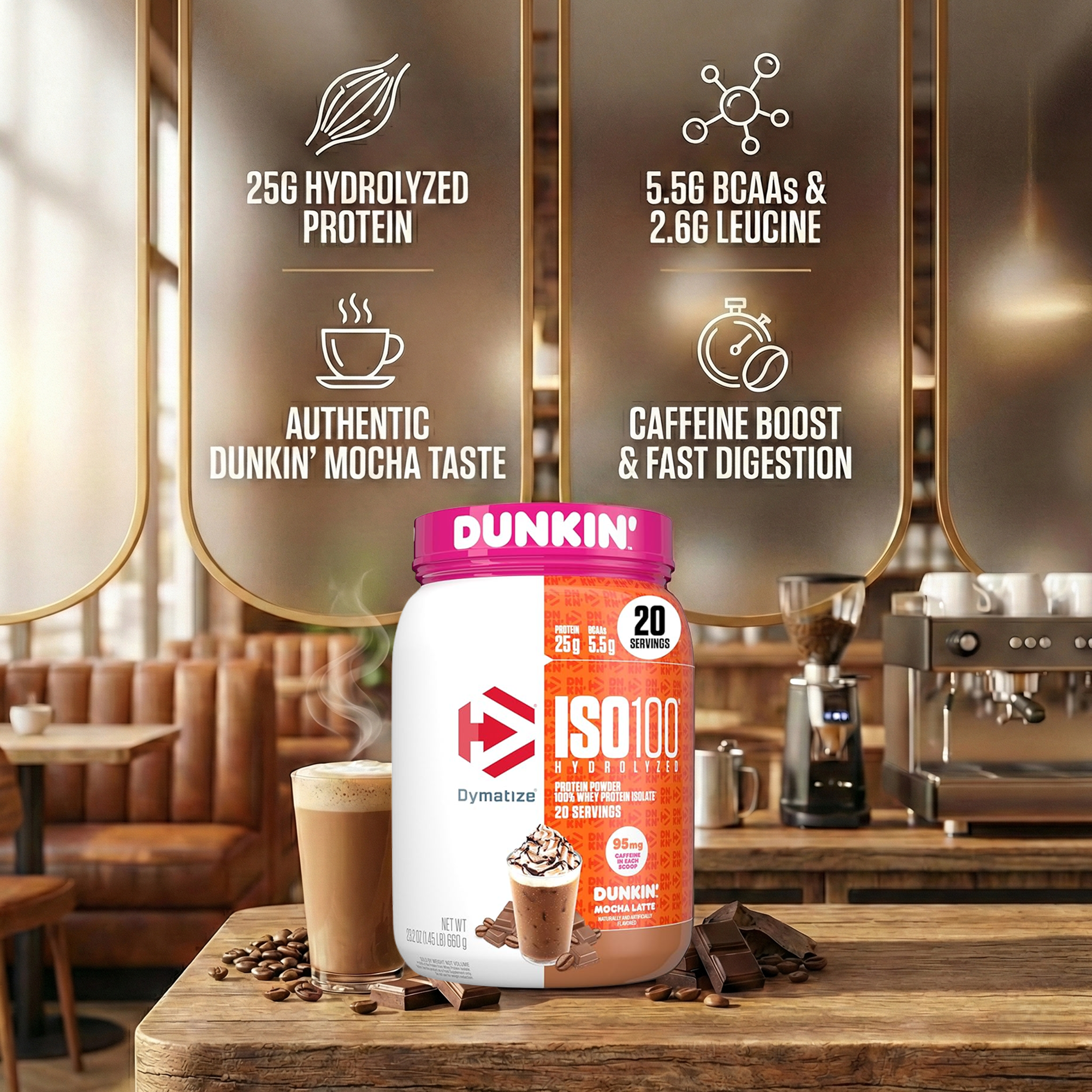 Dymatize ISO100 Hydrolyzed Whey Protein Isolate - Dunkin Mocha Latte 660g (20 Servings)