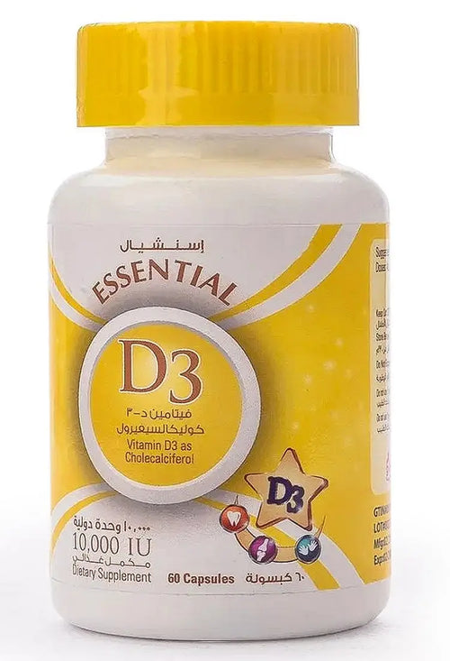 Vitamin D3 supplement bottle with yellow and white design on a white background