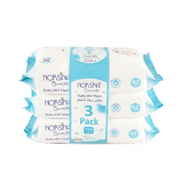 Norsina Norsina Baby Wipes Turqoise 3 x 62 Wipes