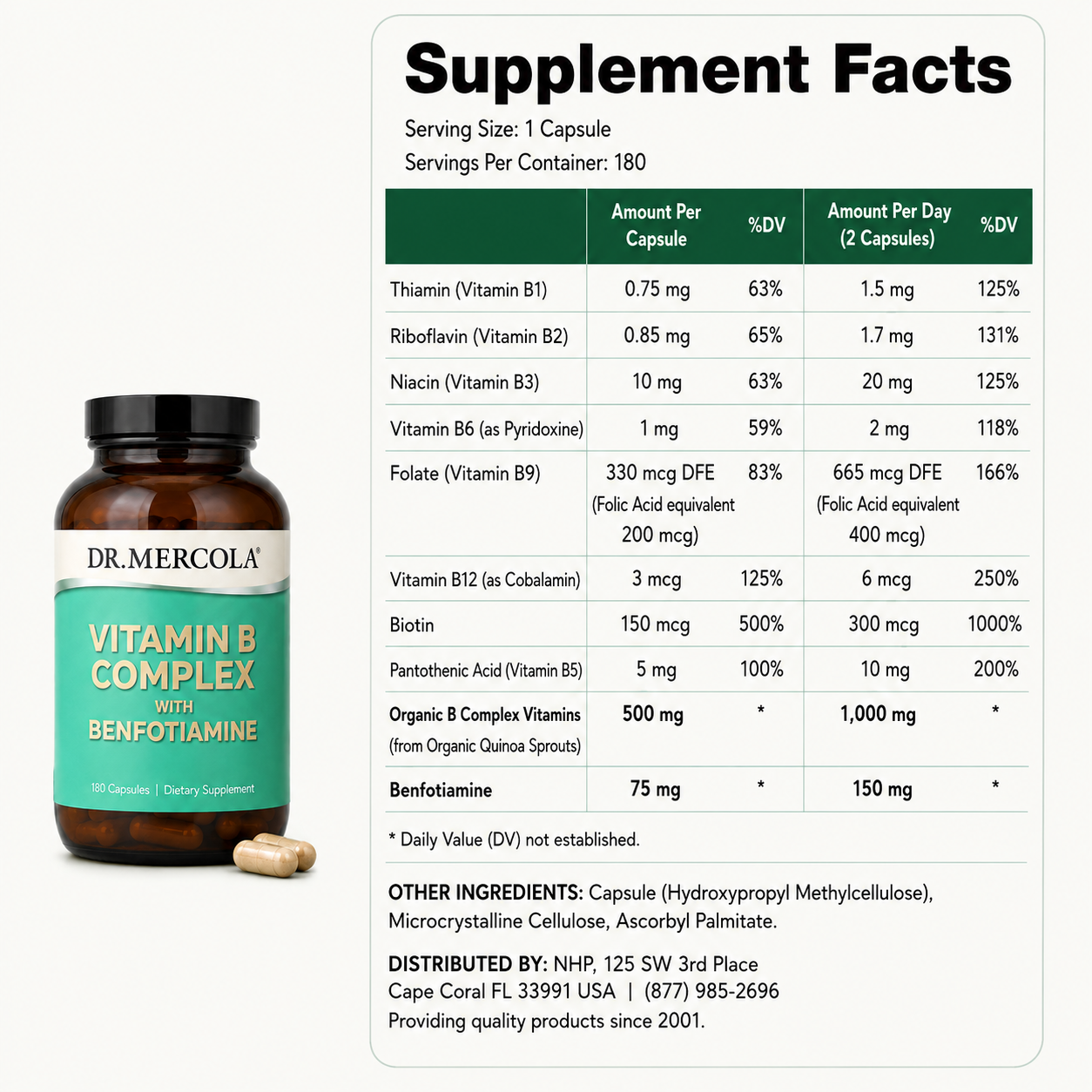 Dr. Mercola Vitamin B Complex with Benfotiamine - 180 Capsules