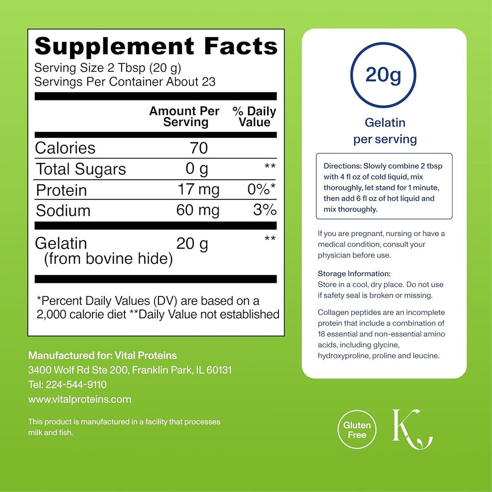 Vital Proteins مسحوق جيلاتين اللحم البقري (بدون نكهة) 465g