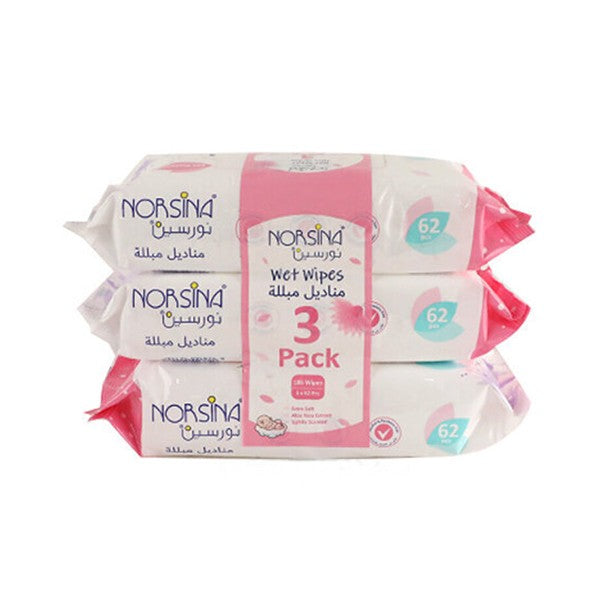 Norsina Norsina Baby Wipes Pink 3 x 62 Wipes