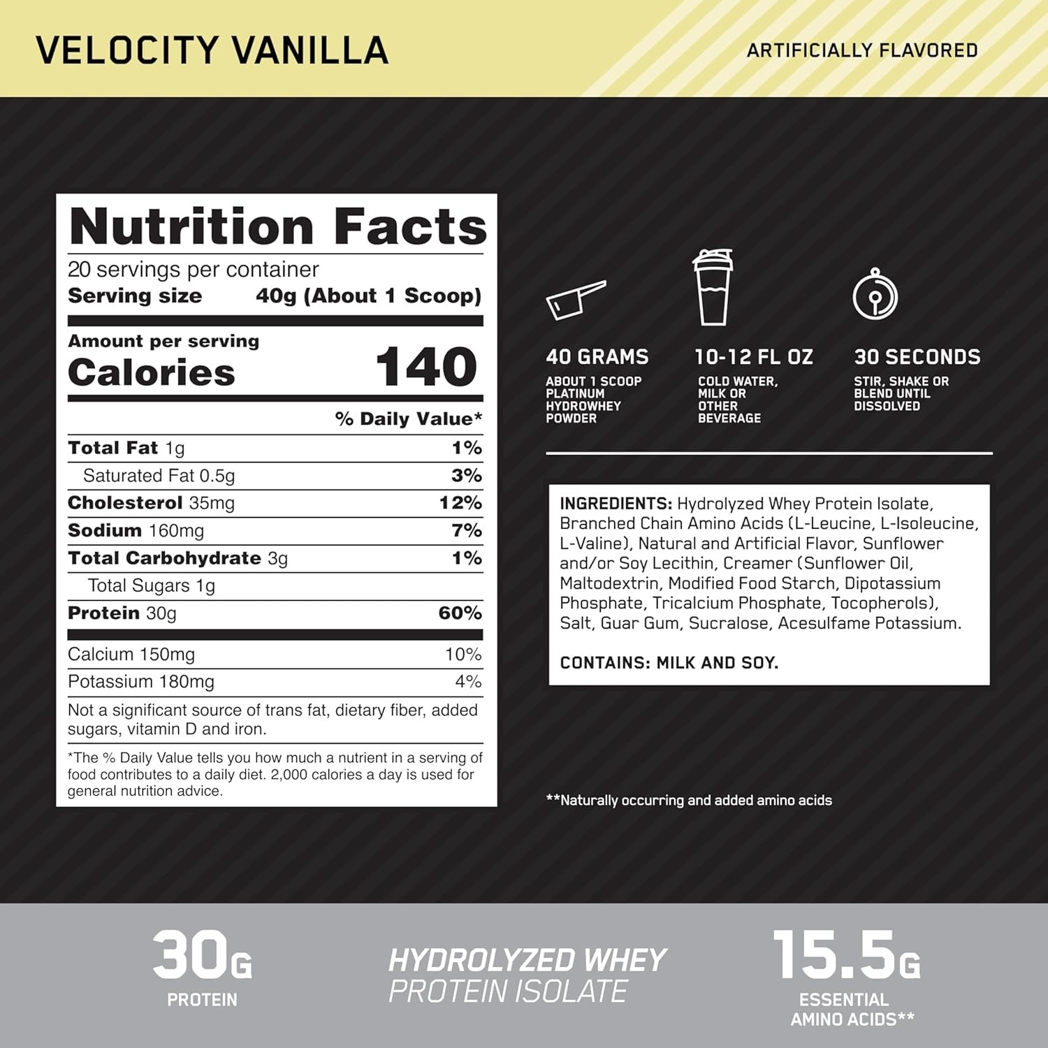 Optimum Nutrition Platinum Hydrowhey Velocity Vanilla 1.76 LB