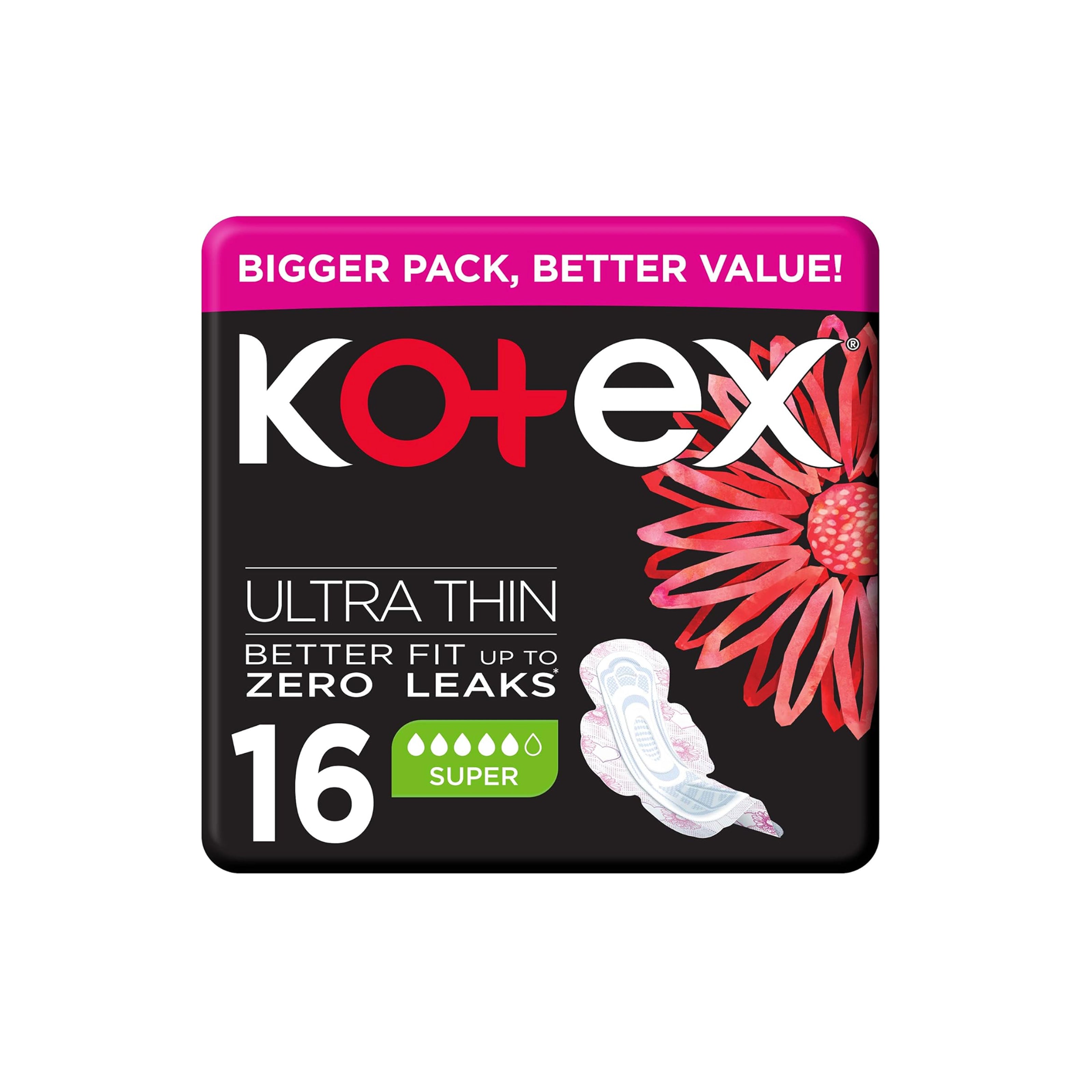 Kotex Ultra Thin Super Sanitary Pads with Wings - 16 Count Pack