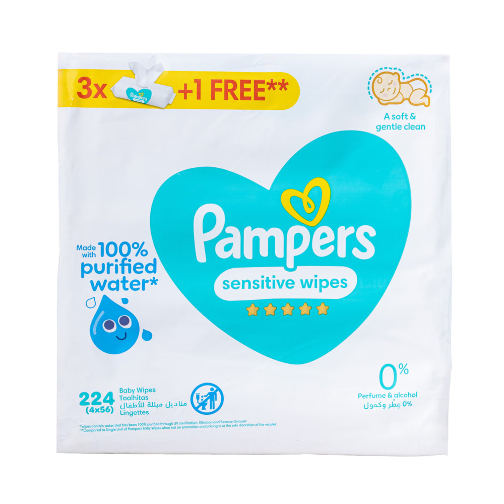 Pampers Wet Wipes For Sensitive Skin 56 Wipes 3+1 Free