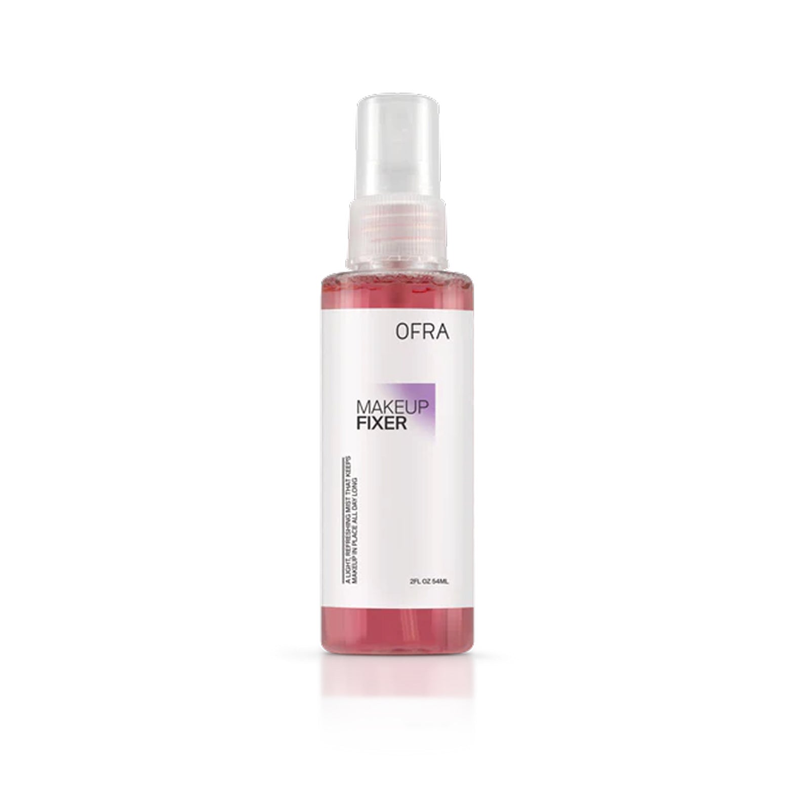 OFRA makeup fixer spray bottle on a white background