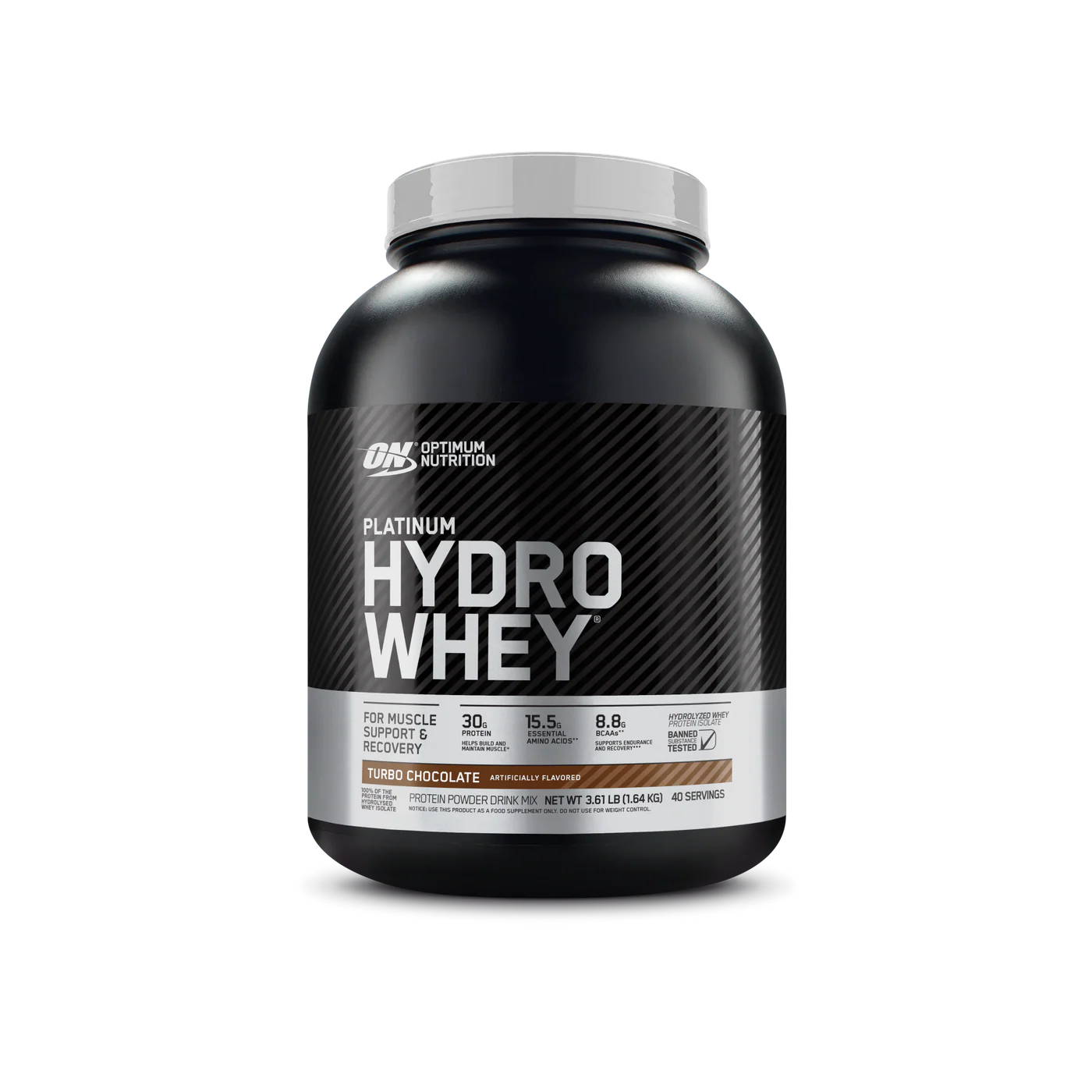 Optimum Nutrition Platinum Hydro Whey protein powder container on a white background