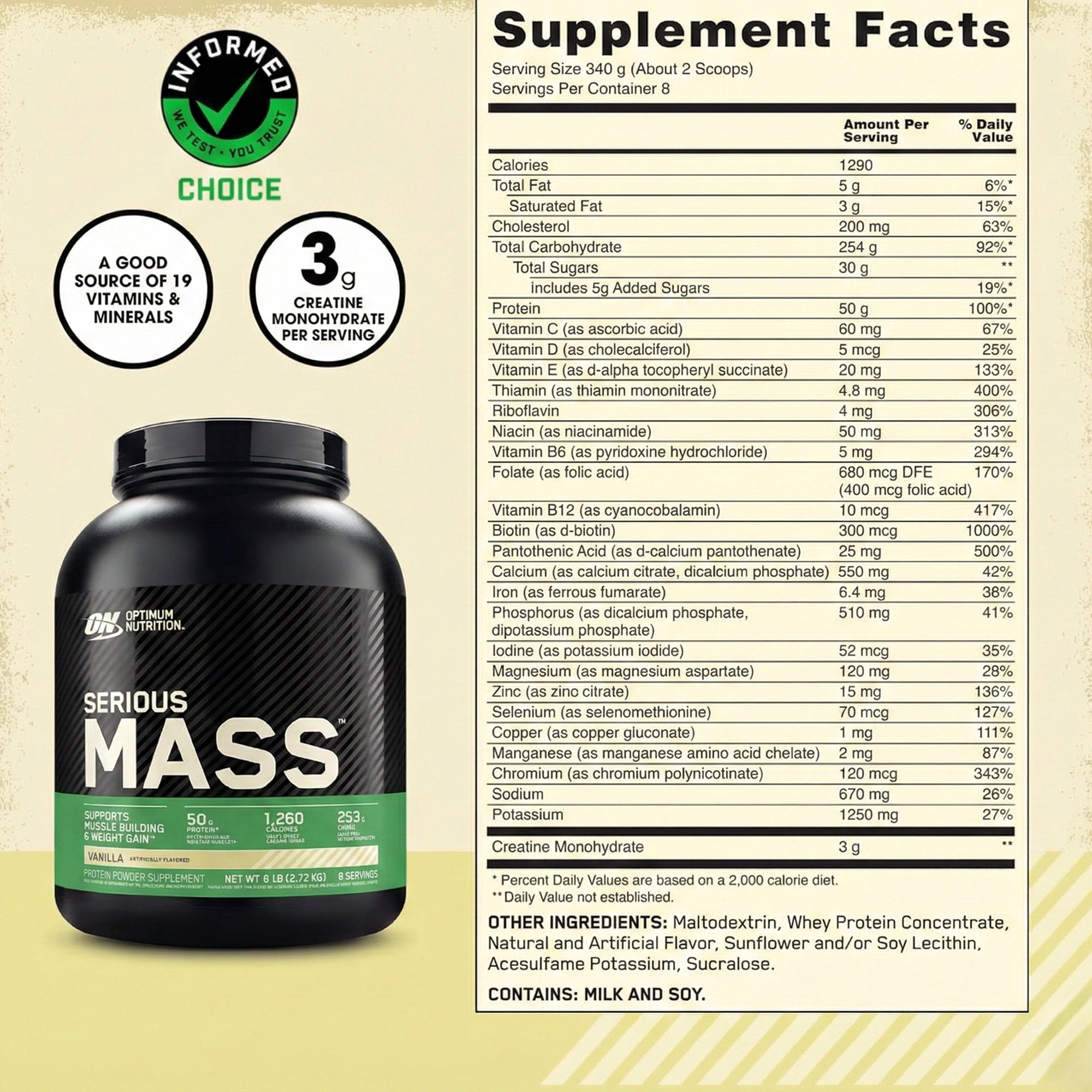 Optimum Nutrition Serious Mass Weight Gainer Protein Powder Vanilla 6 LB