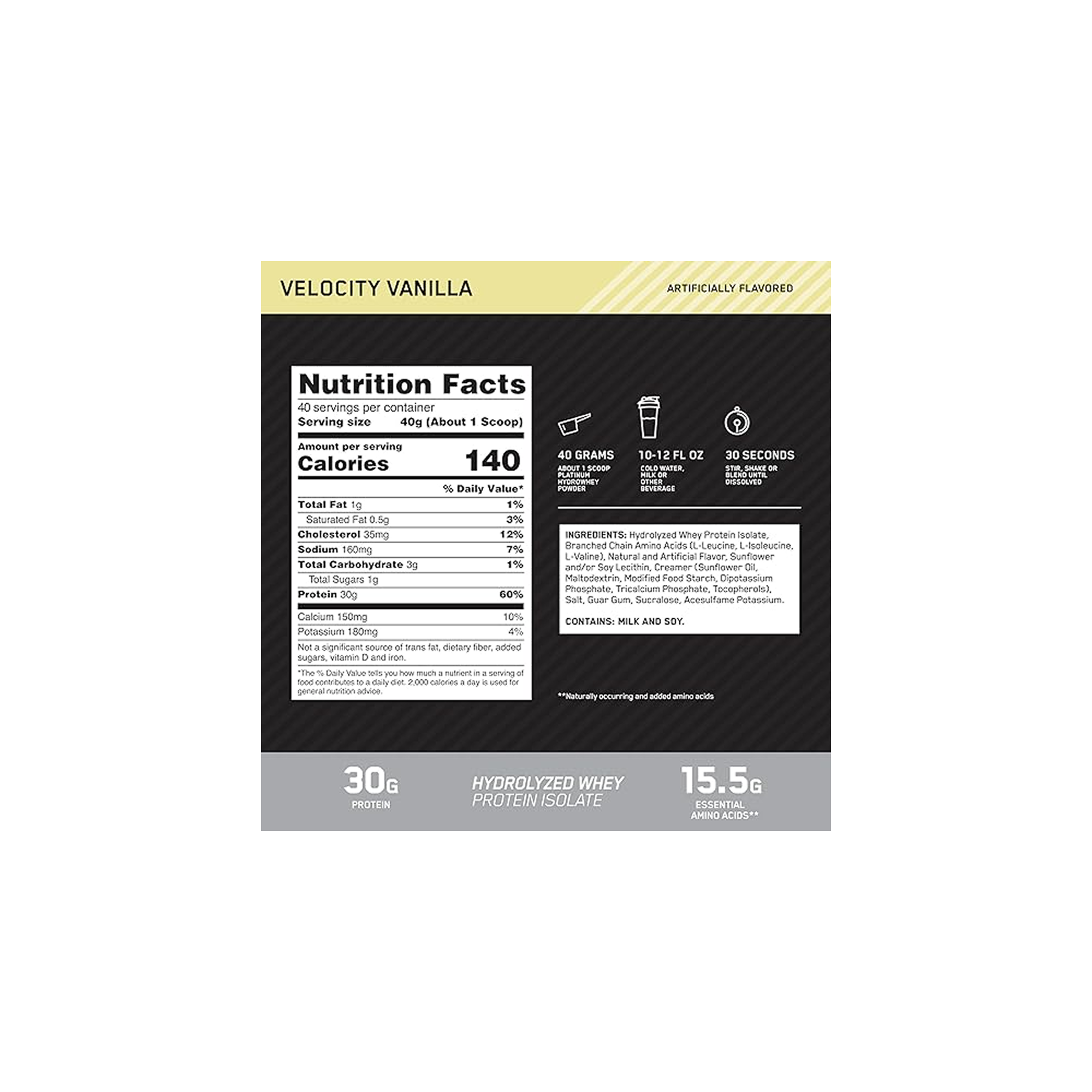 Optimum Nutrition Platinum Hydro Whey Protein Powder - Velocity Vanilla - 3.52 lb