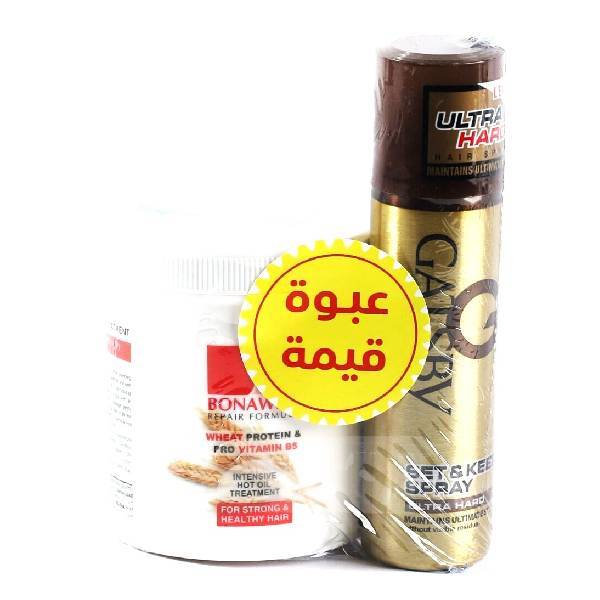 Bonawell Hair Hot Oil 225ml Wheat + Gatsby Hair Spray 66ml Ultra Hold (Free)